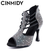CINMIDY melnas latīņu deju kurpes sievietēm Salsas deju apavi ar rhinestones, mīksta zole balles deju sandales ballīšu augstpapēžu kurpes