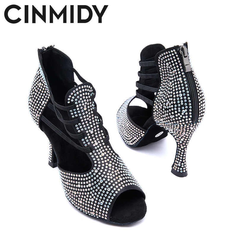 CINMIDY crne latino plesne cipele za žene plesne cipele za salsu sa kamenčićima mekani potplat Sandale za plesne plesove Party visoke pete