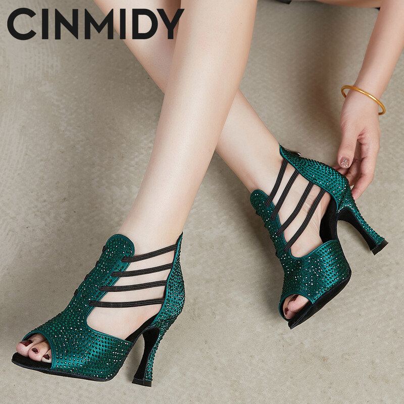 CINMIDY crne latino plesne cipele za žene plesne cipele za salsu sa kamenčićima mekani potplat Sandale za plesne plesove Party visoke pete