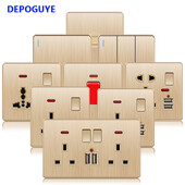Depoguye Gold UK Plug USB sienas barošanas ligzda, 220 V mobilā tālruņa lādētāja adapteris, pie sienas stiprināma universāla 5 caurumu ligzda ar slēdzi