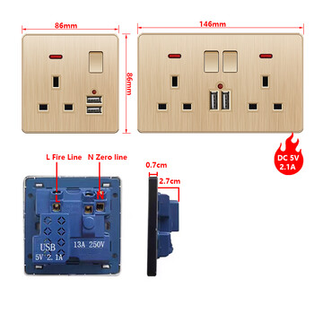 Depoguye Gold UK Plug USB πρίζα ρεύματος τοίχου, προσαρμογέας φορτιστή κινητού τηλεφώνου 220V, επιτοίχια Universal πρίζα 5 οπών με διακόπτη