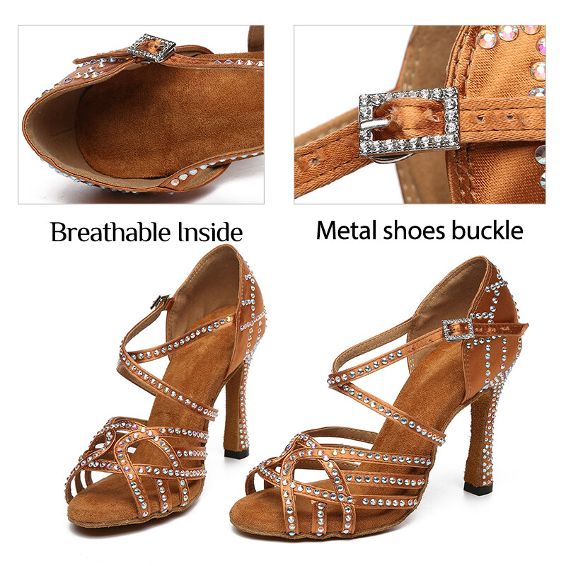 DKZSYIM Γυναικεία παπούτσια χορού Σατέν Salsa Latin Παπούτσια Γυαλιστερά στρας Κοριτσίστικα Παπούτσια Latin Dancing Γόβα χορού χορού 6CM-9CM