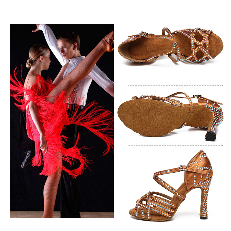 DKZSYIM Γυναικεία παπούτσια χορού Σατέν Salsa Latin Παπούτσια Γυαλιστερά στρας Κοριτσίστικα Παπούτσια Latin Dancing Γόβα χορού χορού 6CM-9CM