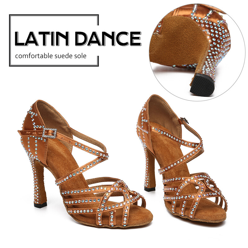 DKZSYIM Γυναικεία παπούτσια χορού Σατέν Salsa Latin Παπούτσια Γυαλιστερά στρας Κοριτσίστικα Παπούτσια Latin Dancing Γόβα χορού χορού 6CM-9CM