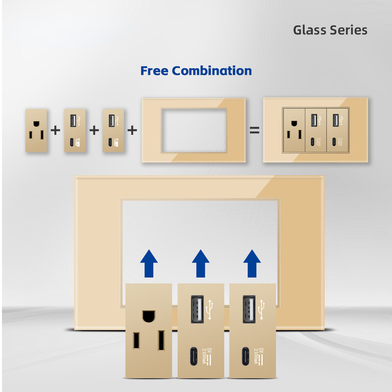 Melery Gold Tempered Glass Italy Standard Πρίζα οικιακού γραφείου ΕΕ USB Τύπος C Χιλή Κορέα Πρίζα τοίχου Διακόπτης φωτεινής πίεσης 118