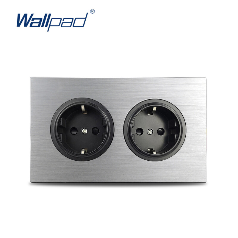 Wallpad 146* 86 mm srebrna brušena aluminijska ploča s dvostrukim okvirom, siva, dvostruki EU utikač, električna utičnica