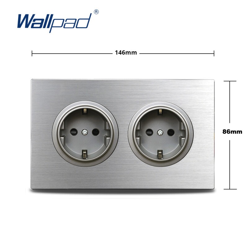 Wallpad 146* 86 mm srebrna brušena aluminijska ploča s dvostrukim okvirom, siva, dvostruki EU utikač, električna utičnica