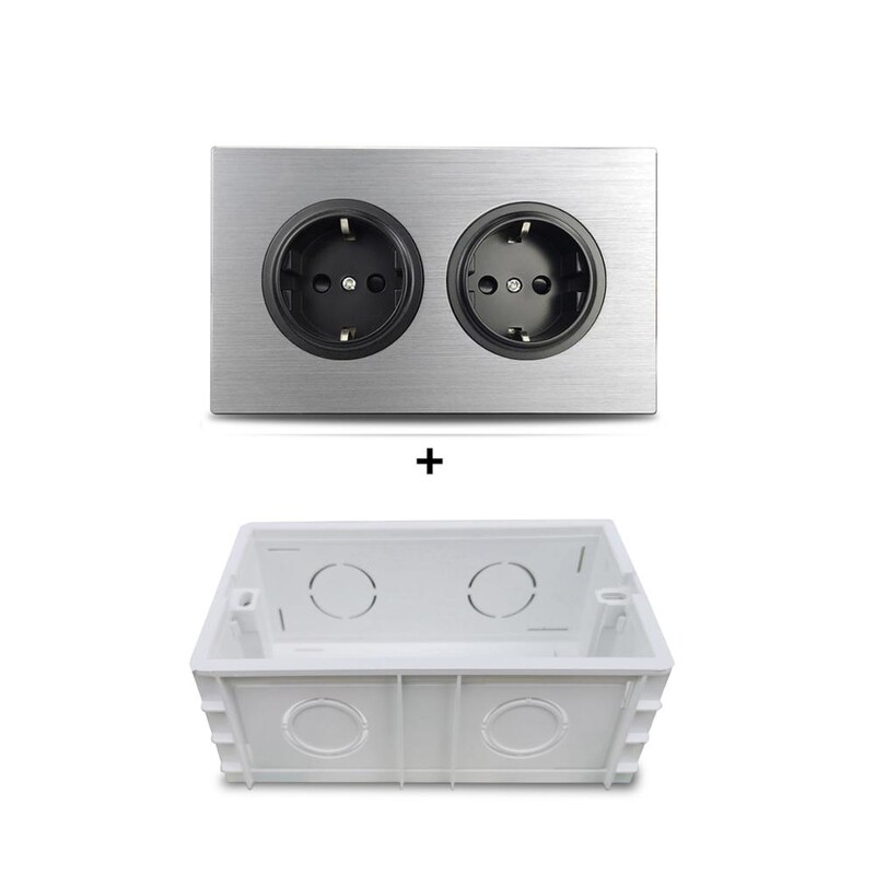Wallpad 146* 86 mm srebrna brušena aluminijska ploča s dvostrukim okvirom, siva, dvostruki EU utikač, električna utičnica
