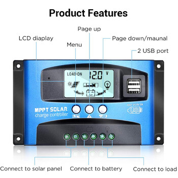 Ελεγκτής ηλιακής φόρτισης 100A 12V/24V MPPT με οθόνη LCD διπλής θύρας USB Φορτίο φορτιστή φορτιστή μπαταρίας Πάνελ Auto Solar Cell