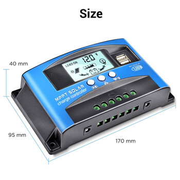 Ελεγκτής ηλιακής φόρτισης 100A 12V/24V MPPT με οθόνη LCD διπλής θύρας USB Φορτίο φορτιστή φορτιστή μπαταρίας Πάνελ Auto Solar Cell