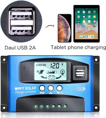 Ελεγκτής ηλιακής φόρτισης 100A 12V/24V MPPT με οθόνη LCD διπλής θύρας USB Φορτίο φορτιστή φορτιστή μπαταρίας Πάνελ Auto Solar Cell