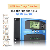 30A 40A 50A 60A 100A MPPT Saules uzlādes kontrolieris 12V 24V Dual USB Auto Saules Regulators LCD PV kontrolieris LiFePO4 akumulatoram