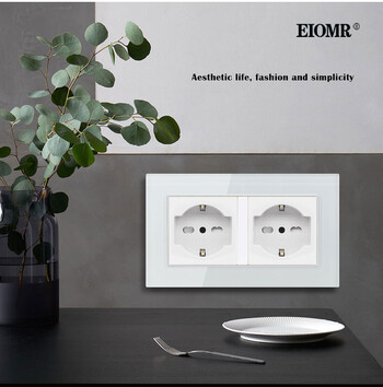 EIOMR Double Frame Italy Electrical Socket 146mm*86mm White Black Crystal Glass Panel 16A AC 110-250V EU Wall Socket New