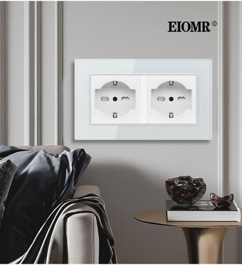 EIOMR Double Frame Italy Electrical Socket 146mm*86mm White Black Crystal Glass Panel 16A AC 110-250V EU Wall Socket New