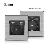 Eiomr ES standarta ligzda, gaismas svirslēdzis, nerūsējošā tērauda panelis, maiņstrāva 110 V ~ 250 V mājas labiekārtošanai Sienā iebūvēta USB barošanas ligzda