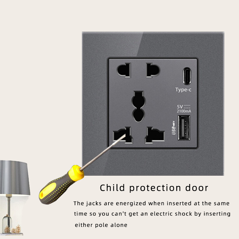 Διεθνής παγκόσμια πρίζα τοίχου USB πέντε οπών, προσαρμογέας βύσματος USB Type-c 18W, Smart Charging γκρι/μαύρο/άσπρο/χρυσό AC110V-250V