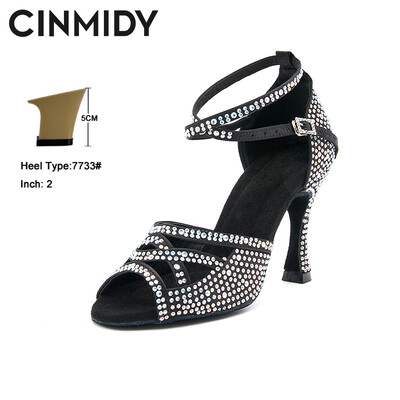 CINMIDY melnas deju kurpes ar rhinestone satīna latīņu deju apavi ar mīkstu zoli balles deju apavi Profesionālās deju kedas
