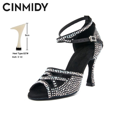 CINMIDY melnas deju kurpes ar rhinestone satīna latīņu deju apavi ar mīkstu zoli balles deju apavi Profesionālās deju kedas