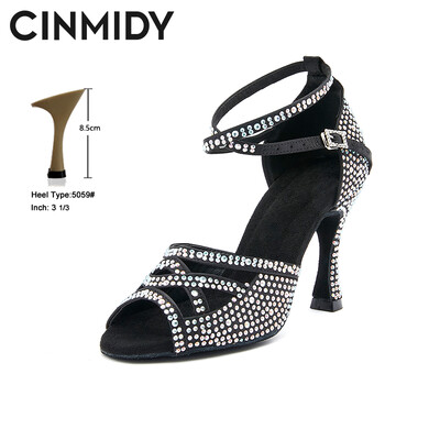 CINMIDY melnas deju kurpes ar rhinestone satīna latīņu deju apavi ar mīkstu zoli balles deju apavi Profesionālās deju kedas