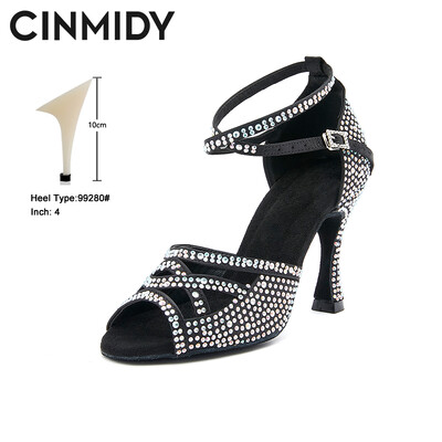 CINMIDY melnas deju kurpes ar rhinestone satīna latīņu deju apavi ar mīkstu zoli balles deju apavi Profesionālās deju kedas