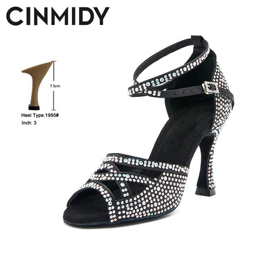 CINMIDY melnas deju kurpes ar rhinestone satīna latīņu deju apavi ar mīkstu zoli balles deju apavi Profesionālās deju kedas