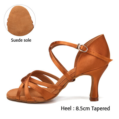 DKZSYIM latīņu deju apavi sievietēm balles tango džeza satīna zamšādas mīkstas zoles treniņu sandales Augstas kvalitātes augstpapēžu kurpes 7,5/8,5 cm