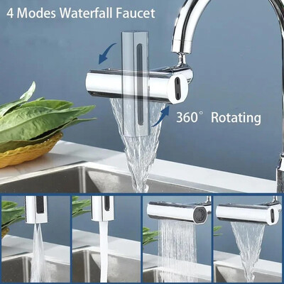 4 režīmi jaucējkrāns Ūdenskritums Izvads Šļakatu necaurlaidīgs virtuve Universāls rotējošs 360° daudzfunkcionāls ūdens krāna sprauslas pagarinājums