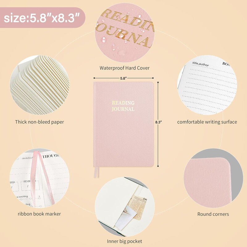 Pink 5.8x8.3 Leather Reading Journal - Δώρο για τους λάτρεις του βιβλίου και τους αναγνώστες, ελέγξτε και παρακολουθήστε την ανάγνωση με 65 κριτικές βιβλίων