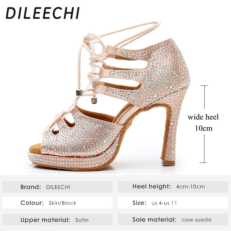 DILEECHI Latin παπούτσια χορού Μπεζ μαύρα σατέν παπούτσια χορού Πλατφόρμα Νέα προσαρμογή πλάτους πάρτι Squre γυναικεία ψηλοτάκουνα παπούτσια