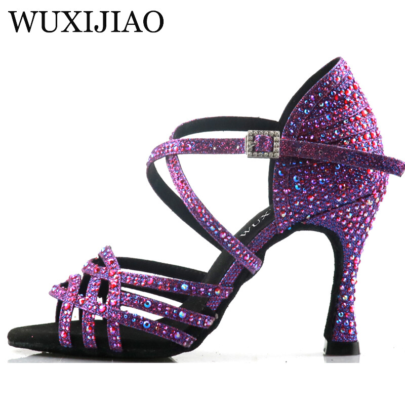 Γυναικεία μωβ λάτιν παπούτσια χορού Wuxi Νέα παπούτσια χορού Μοναδικού σχεδίου Salsa Shoes Διαμαντένια σανδάλια