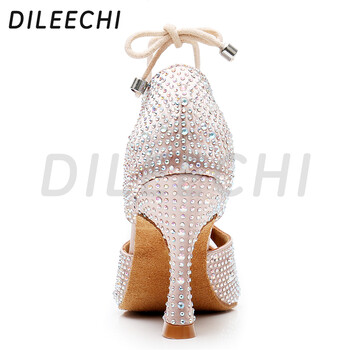 DILEECHI Γυναικεία Latin Dance Παπούτσια Skin Satin Shining Μεγάλα μικρά παπούτσια χορού από στρας Flare τακούνι 9cm Στενό πόδι Ρύθμιση πλάτους