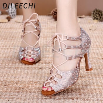 DILEECHI Γυναικεία Latin Dance Παπούτσια Skin Satin Shining Μεγάλα μικρά παπούτσια χορού από στρας Flare τακούνι 9cm Στενό πόδι Ρύθμιση πλάτους