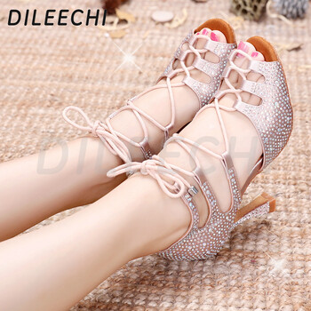 DILEECHI Γυναικεία Latin Dance Παπούτσια Skin Satin Shining Μεγάλα μικρά παπούτσια χορού από στρας Flare τακούνι 9cm Στενό πόδι Ρύθμιση πλάτους