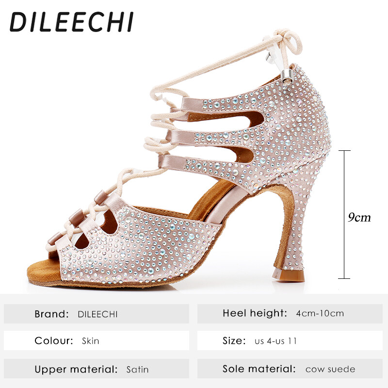 DILEECHI Γυναικεία Latin Dance Παπούτσια Skin Satin Shining Μεγάλα μικρά παπούτσια χορού από στρας Flare τακούνι 9cm Στενό πόδι Ρύθμιση πλάτους