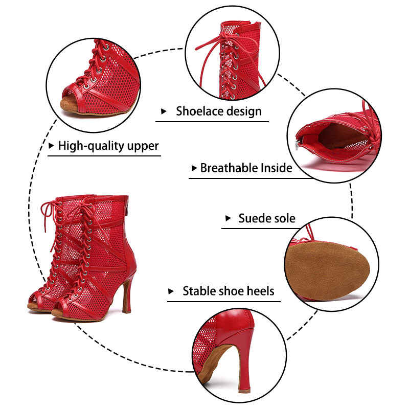 Latin Dance Παπούτσια Γυναικεία Fish Mouth Αίθουσα χορού Μπότες χορού Κόκκινα Διχτυωτό Στιλέτο Ψηλοτάκουνα Σανδάλια Salsa Ρυθμιζόμενο παπούτσι με φερμουάρ
