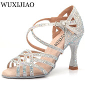 WUXIJIAO Sudrabzila Rhinestone Latīņamerikas deju apavi sievietēm Salas balles apavi Pērļu augsta papēža 9 cm valša programmatūras apavi Karstā izpārdošana