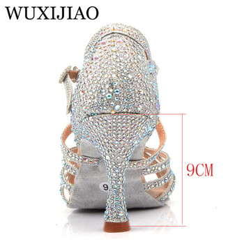 WUXIJIAO Silver Blue Rhinestone Latin Dance Shoes Women Salas Ballroom Shoes Pearl High Heel 9cm Waltz Software Shoes Hot Sale