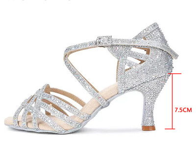 WUXIJIAO Sudrabzila Rhinestone Latīņamerikas deju apavi sievietēm Salas balles apavi Pērļu augsta papēža 9 cm valša programmatūras apavi Karstā izpārdošana