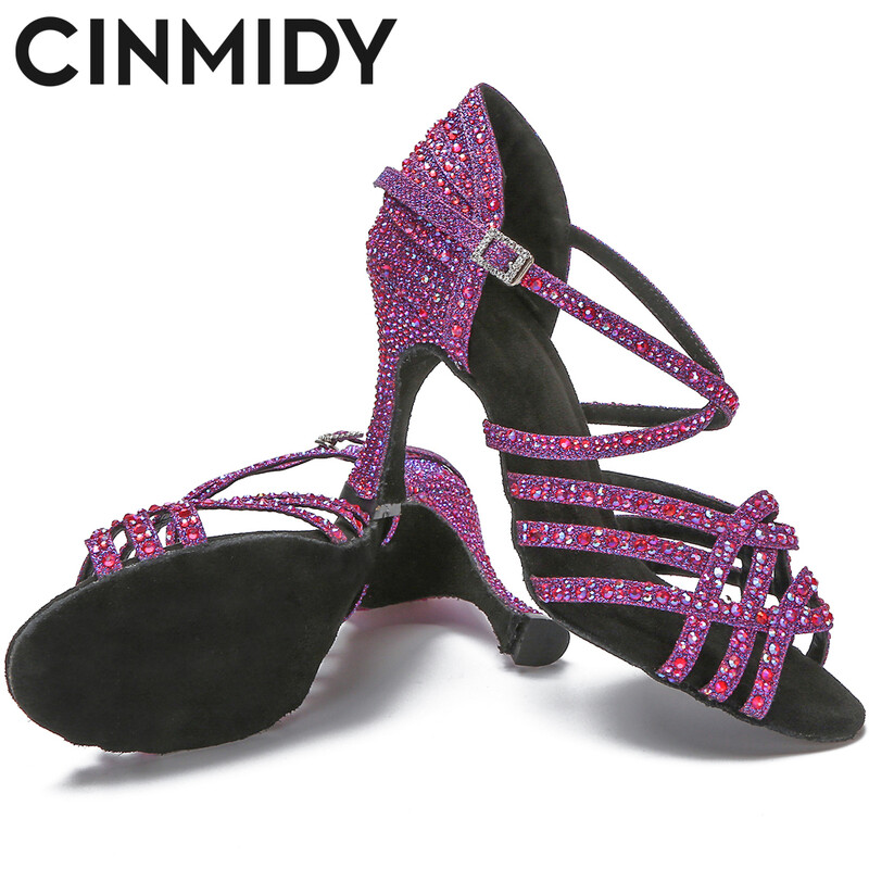 Γυναικεία παπούτσια λάτιν χορού Tango Ballroom χορευτικά παπούτσια Γυναικεία σανδάλια για κορίτσια Rhinestone Ψηλοτάκουνα γάμου Μωβ/Μαύρο