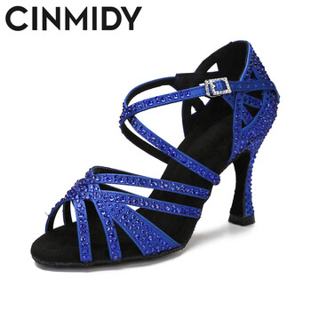 CINMIDY Сини обувки за латино танци Дамски танцови обувки Tango Rumba Ballroom Rhinestones For Women Червени сватбени обувки Валс Танцови обувки