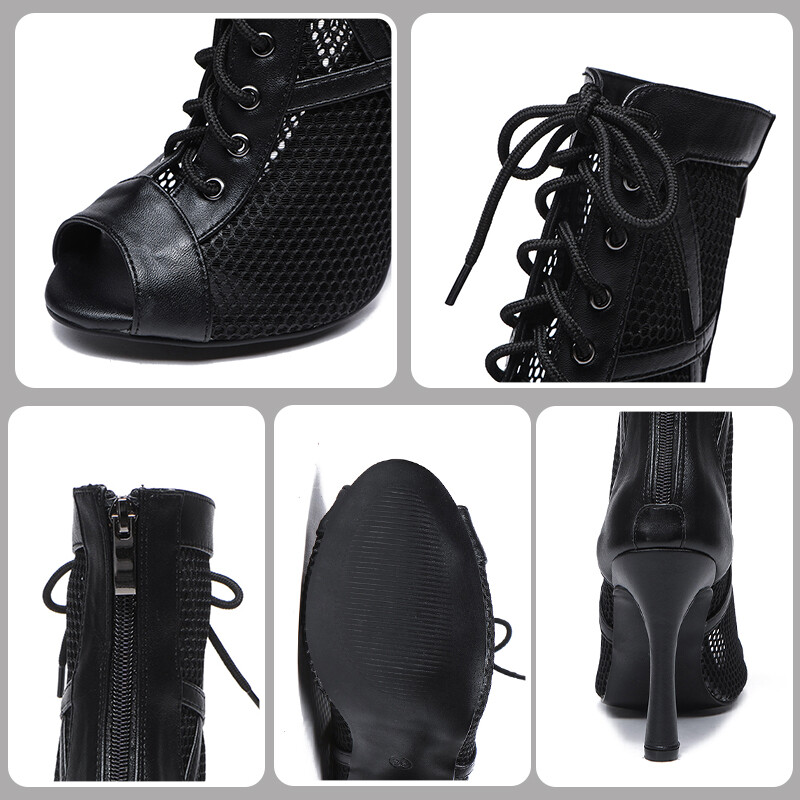 SWDZM Ψηλά κορυφαία γυναικεία παπούτσια χορού Μπότες για χορό για κορίτσι τζαζ μαύρο κόκκινο σουέτ Παπούτσια χορού πάρτι Διχτυωτό σανδάλια προσαρμοσμένα τακούνια