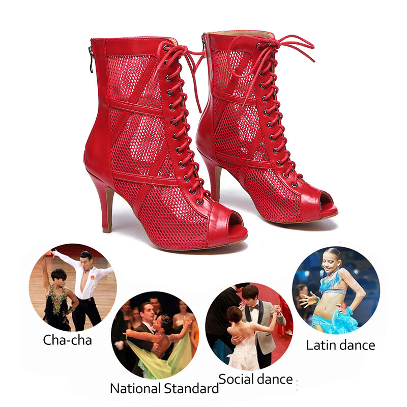 SWDZM Ψηλά κορυφαία γυναικεία παπούτσια χορού Μπότες για χορό για κορίτσι τζαζ μαύρο κόκκινο σουέτ Παπούτσια χορού πάρτι Διχτυωτό σανδάλια προσαρμοσμένα τακούνια