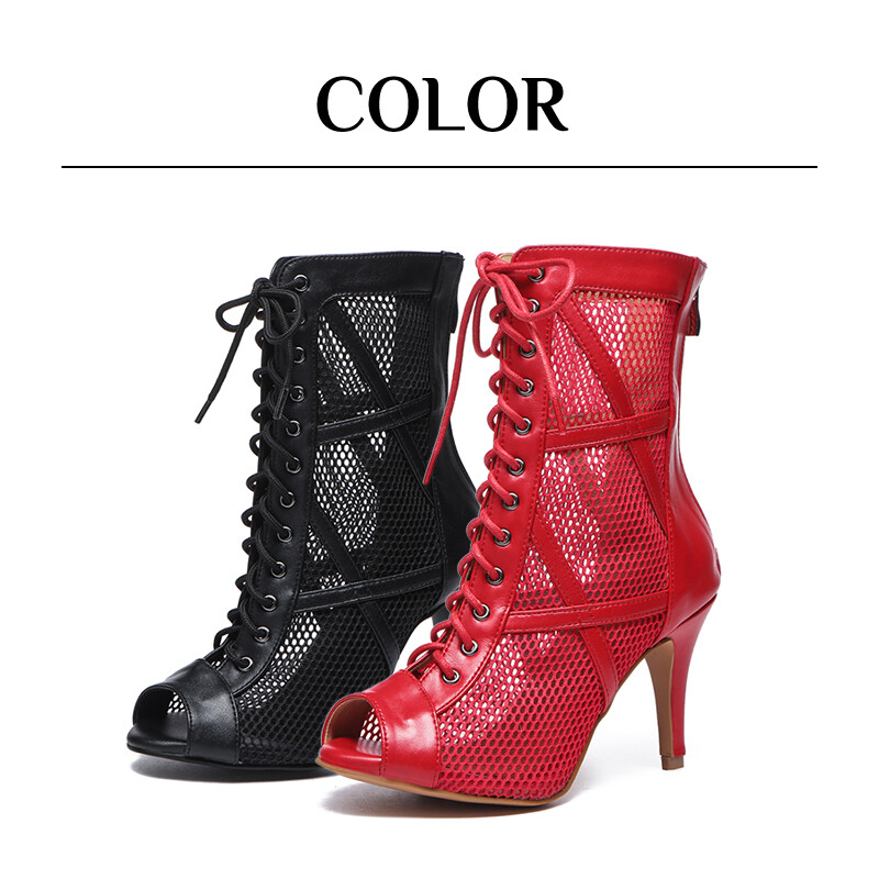 SWDZM Ψηλά κορυφαία γυναικεία παπούτσια χορού Μπότες για χορό για κορίτσι τζαζ μαύρο κόκκινο σουέτ Παπούτσια χορού πάρτι Διχτυωτό σανδάλια προσαρμοσμένα τακούνια