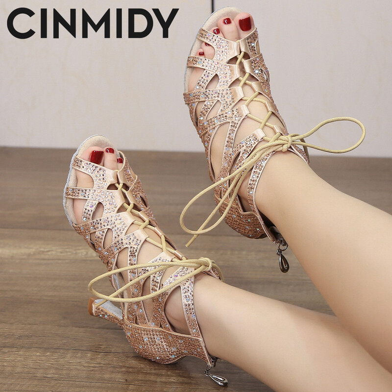 CINMIDY Σέξι παπούτσια χορού κοιλιάς Latin Tango Rhinestone Dance Boots Pole Dance Παπούτσια Απαλή σόλα Γυναικεία Σανδάλια Γαμήλια ψηλοτάκουνα
