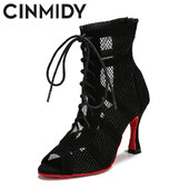 CINMIDY Lace Up Deju kurpes Sieviešu sarkanas zoles Latīņamerikas deju apavi melni balles deju augstpapēžu kurpes Tango Modernie džeza deju zābaki
