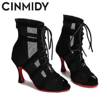 CINMIDY Lace Up Παπούτσια χορού Γυναικεία κόκκινη σόλα Latin παπούτσια χορού Μαύρα χορευτικά χορού χορού ψηλοτάκουνα Tango Μοντέρνες μπότες χορού τζαζ