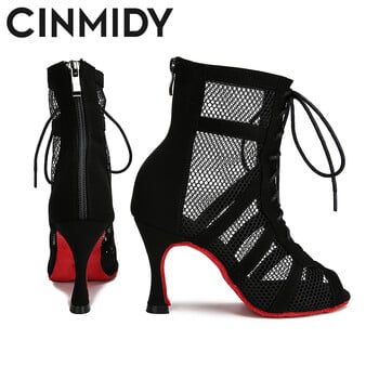 CINMIDY Lace Up Παπούτσια χορού Γυναικεία κόκκινη σόλα Latin παπούτσια χορού Μαύρα χορευτικά χορού χορού ψηλοτάκουνα Tango Μοντέρνες μπότες χορού τζαζ