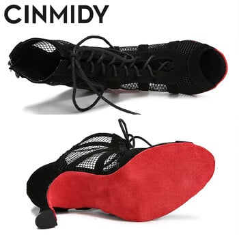 CINMIDY Lace Up Παπούτσια χορού Γυναικεία κόκκινη σόλα Latin παπούτσια χορού Μαύρα χορευτικά χορού χορού ψηλοτάκουνα Tango Μοντέρνες μπότες χορού τζαζ