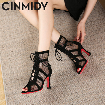 CINMIDY Lace Up Παπούτσια χορού Γυναικεία κόκκινη σόλα Latin παπούτσια χορού Μαύρα χορευτικά χορού χορού ψηλοτάκουνα Tango Μοντέρνες μπότες χορού τζαζ