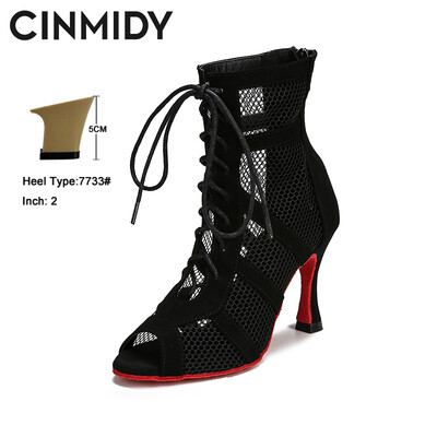 CINMIDY Lace Up Deju kurpes Sieviešu sarkanas zoles Latīņamerikas deju apavi melni balles deju augstpapēžu kurpes Tango Modernie džeza deju zābaki